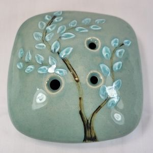 Celedon Pottery Flower Frog Pillow Bud VASE Textured Tree Green Square